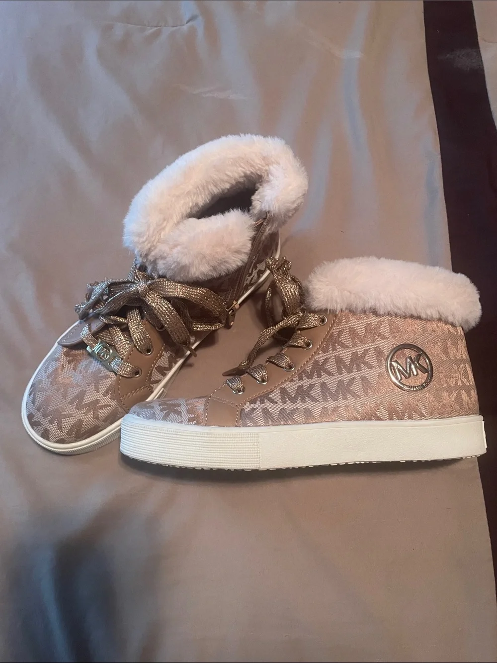 Michael Kors Metallic Rose Gold MK Logo Faux Fur High-Tops